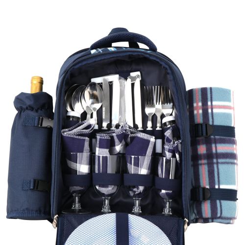  SUPER DEAL Picnic Backpack with Blanket & Cooler Compartment (4 Person, Blue)