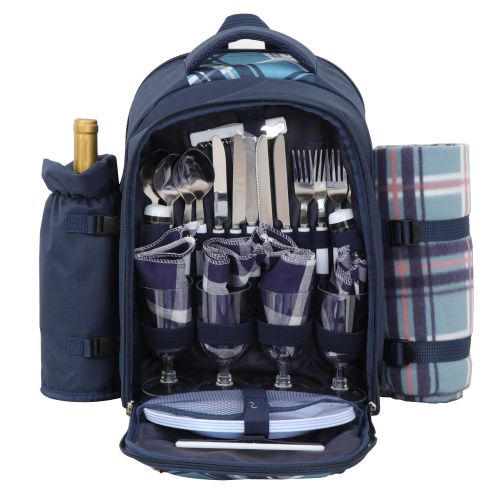  SUPER DEAL Picnic Backpack with Blanket & Cooler Compartment (4 Person, Blue)