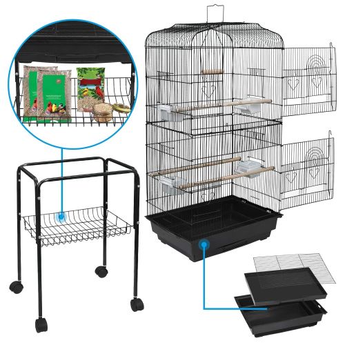  SUPER DEAL 59.3/53 Rolling Bird Cage Large Wrought Iron Cage for Cockatiel Sun Conure Parakeet Finch Budgie Lovebird Canary Medium Pet House with Rolling Stand & Storage Shelf