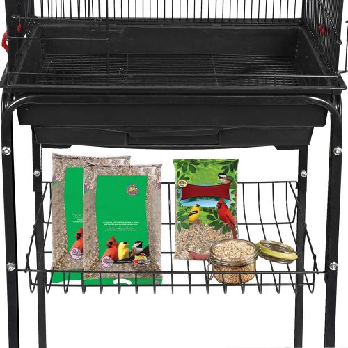  SUPER DEAL 59.3/53 Rolling Bird Cage Large Wrought Iron Cage for Cockatiel Sun Conure Parakeet Finch Budgie Lovebird Canary Medium Pet House with Rolling Stand & Storage Shelf