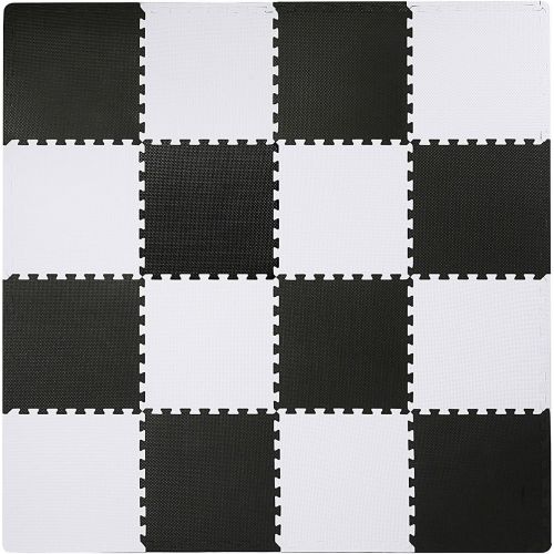  [아마존베스트]SUPERJARE Superjare Interlocking Floor Tiles, 16 Tiles EVA Foam Puzzle Mat with Borders - White and Black
