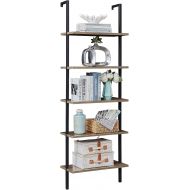 SUPERJARE Industrial Ladder Shelf, 5-Tier Wood Wall-Mounted Bookcase with Stable Metal Frame, 72 Inches Storage Rack Shelves Display Plant Flower, Stand Bookshelf for Home Office -