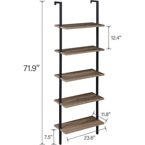  SUPERJARE Industrial Ladder Shelf, 5-Tier Wood Wall-Mounted Bookcase with Stable Metal Frame, 72 Inches Storage Rack Shelves Display Plant Flower, Stand Bookshelf for Home Office -