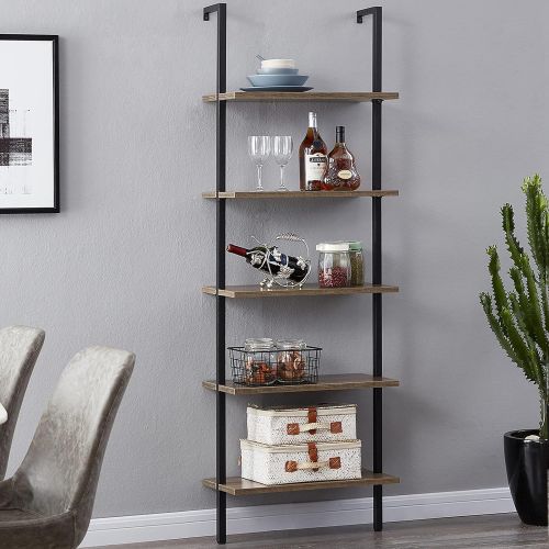  SUPERJARE Industrial Ladder Shelf, 5-Tier Wood Wall-Mounted Bookcase with Stable Metal Frame, 72 Inches Storage Rack Shelves Display Plant Flower, Stand Bookshelf for Home Office -