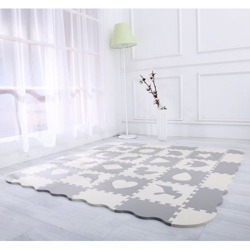  SUPERJARE Baby Play Mat with Fence | Superjare Thick (0.56) Interlocking Foam Floor Tiles with 16 Patterns | Crawling Mat for Playroom & Nursery | Neutral Color for Infants, Toddlers & Kids