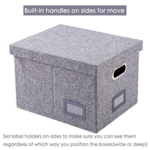  SUPERJARE File Box with Lid | Collapsible Storage Organizer Box | Decorative Linen Fabric | Gray | Pack of 4