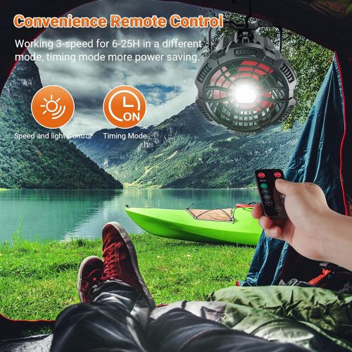  SUPOLOGY Portable Fan Camping Fan for Tents, 25 Hours Work-time Camping Lantern Desk Fan with Power Bank, Clip and Remote, Rechargeable Fan for Hiking, BBQ, Garden, Bedroom, Office, Hurrica