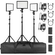 SUPON 3 Pack LED Video Light Stand Lighting Kit with Battery/Charger for Studio Photography YouTube Video Shooting,Bi-Color 3300K-5600K Ultra Slim Countinuous Output Lighting Panel