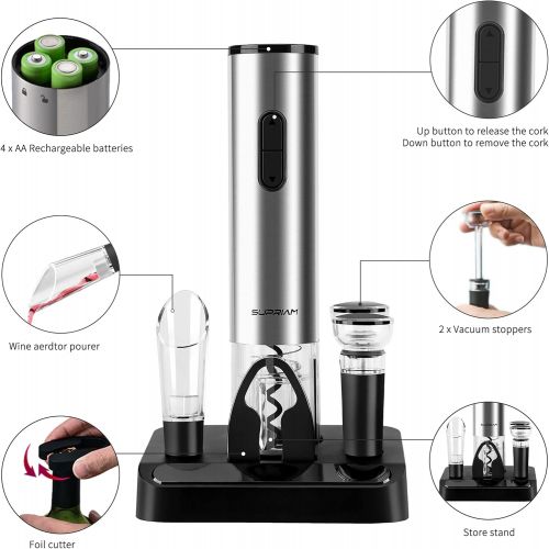  SUPRIAM Corkscrews for Wine Bottles, Wine Opener Battery Operated with Wine Aerator Pourer, Push Vacuum Wine Stopper, Foil Cutter and Stand for Women Man