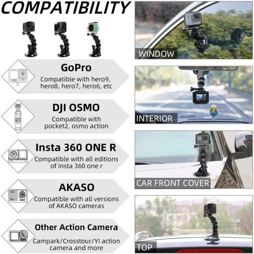  Flexible Gooseneck Suction Cup Car Mount Holder for GoPro Hero 10 9 8 7 6 5 Black,SUREWO Flexible Extension Car Windshield Mount with Phone Holder for iPhone,Samsung Galaxy,Google