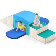 SURPCOS Foam Climbing Blocks with Slide Stairs and Ramp, 6 Pcs Climbing Toys for Toddlers 1-3, Certified Safe Indoor Soft Foam Climber Play Sets, Single-Tunnel Climb and Crawl Activity Playset (Blue)