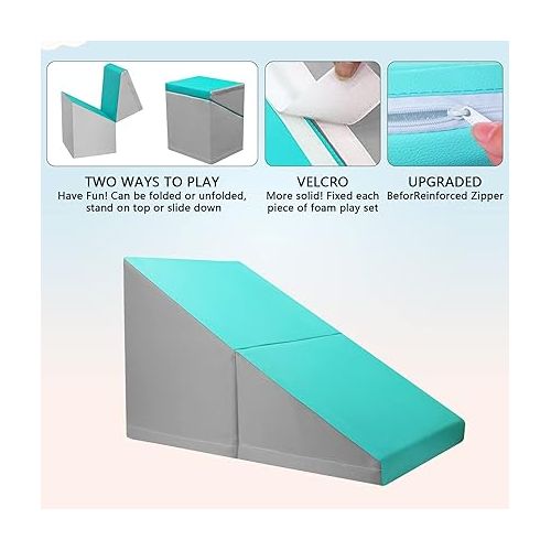  SURPCOS Foam Climbing Blocks with Slide Stairs and Ramp, 6 Pcs Climbing Toys for Toddlers 1-3, Certified Safe Indoor Soft Foam Climber Play Sets, Single-Tunnel Climb and Crawl Activity Playset (Blue)