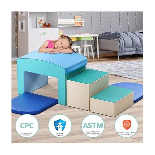  SURPCOS Foam Climbing Blocks with Slide Stairs and Ramp, 6 Pcs Climbing Toys for Toddlers 1-3, Certified Safe Indoor Soft Foam Climber Play Sets, Single-Tunnel Climb and Crawl Activity Playset (Blue)