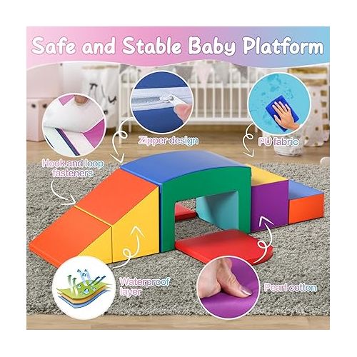  SURPCOS Crawl and Climb Foam Play Set, 6 Pcs Climbing Toys for Toddlers 1-3, Climb and Crawl Activity Playset, Soft Play Equipment Crawling and Sliding (Colorful)