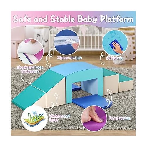  SURPCOS Foam Climbing Blocks with Slide Stairs and Ramp, 6 Pcs Climbing Toys for Toddlers 1-3, Certified Safe Indoor Soft Foam Climber Play Sets, Single-Tunnel Climb and Crawl Activity Playset (Blue)