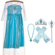 SURPCOS Princess Costume Snow Queen Party Dress with 4 Sets (Gloves, Tiara, Wand, Necklace), Sky Blue