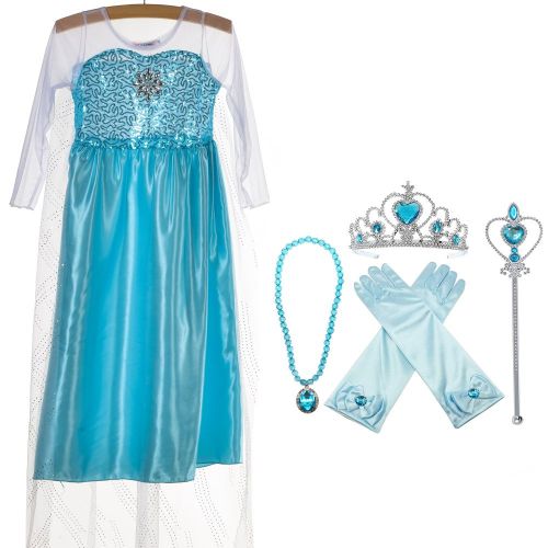  SURPCOS Princess Costume Snow Queen Party Dress with 4 Sets (Gloves, Tiara, Wand, Necklace), Sky Blue