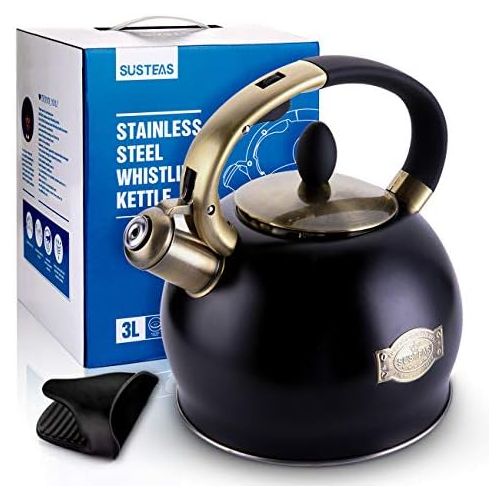  [아마존베스트]SUSTEAS Red Stove Top Whistling Tea Kettle-Surgical Stainless Steel Teakettle Teapot with Cool Toch Ergonomic Handle,1 Free Silicone Pinch Mitt Included，2.64 Quart