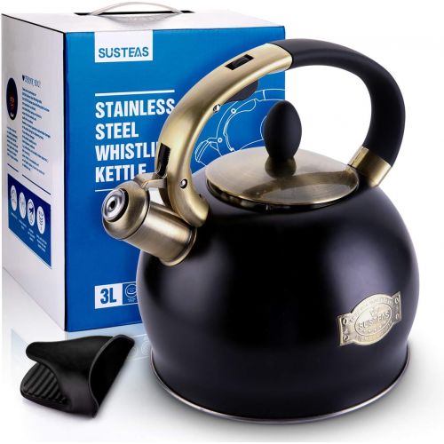  [아마존베스트]SUSTEAS Red Stove Top Whistling Tea Kettle-Surgical Stainless Steel Teakettle Teapot with Cool Toch Ergonomic Handle,1 Free Silicone Pinch Mitt Included，2.64 Quart
