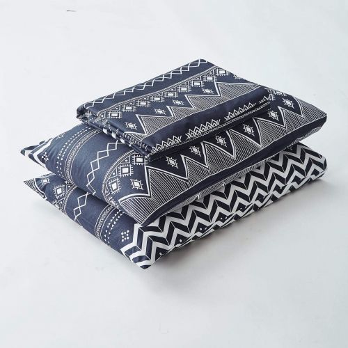  [아마존베스트]SUSYBAO 3 Piece Duvet Cover Set 100% Cotton Queen Size Navy and White Tribal Geometric Bedding Set 1 Exotic Boho Duvet Cover with Zipper Ties 2 Pillowcases Luxury Quality Soft Dura