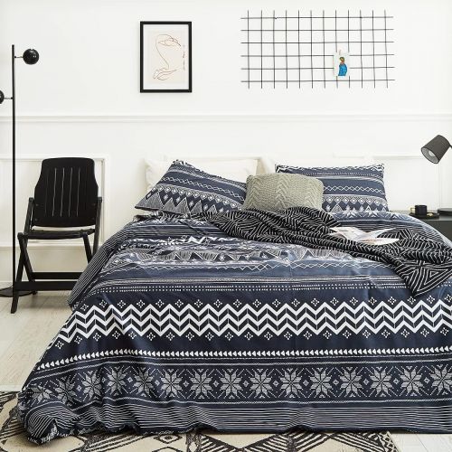  [아마존베스트]SUSYBAO 3 Piece Duvet Cover Set 100% Cotton Queen Size Navy and White Tribal Geometric Bedding Set 1 Exotic Boho Duvet Cover with Zipper Ties 2 Pillowcases Luxury Quality Soft Dura