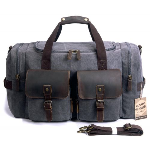  SUVOM Canvas Duffle Bag Leather Weekend Bag Carry On Travel Bag Luggage Oversized Holdalls for Men and Women