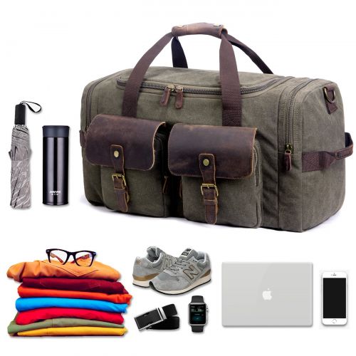  SUVOM Canvas Duffle Bag Leather Weekend Bag Carry On Travel Bag Luggage Oversized Holdalls for Men and Women