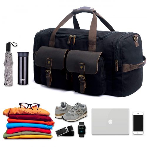  SUVOM Canvas Duffle Bag Leather Weekend Bag Carry On Travel Bag Luggage Oversized Holdalls for Men and Women