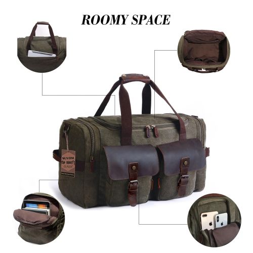  SUVOM Canvas Duffle Bag Leather Weekend Bag Carry On Travel Bag Luggage Oversized Holdalls for Men and Women