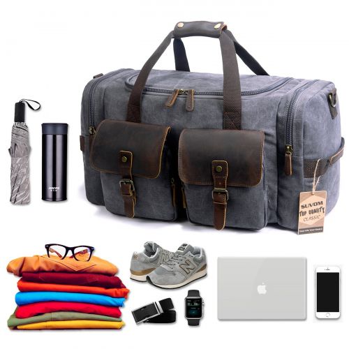  SUVOM Canvas Duffle Bag Leather Weekend Bag Carry On Travel Bag Luggage Oversized Holdalls for Men and Women