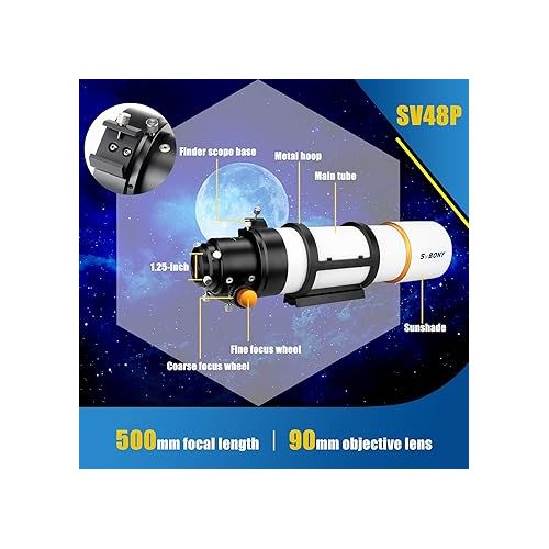  SVBONY SV48P Telescope, 90mm Aperture F5.5 Refractor OTA for Adults Beginners, Telescopes for Deep Sky Astrophotography and Visual Astronomy