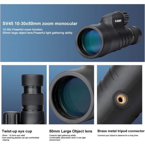  SVBONY SV45 Monocular Telescope 10-30x50 High Power Zoom Waterproof with BaK4 Prism FMC Mini Spotting Scope Bird Watching Hunting Gift for Men Adults
