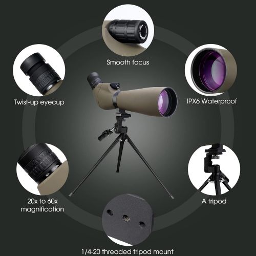  SVBONY SV401?Spotting Scope?with Tripod?IPX6 Waterproof 20-60x80mm 45 Degree Angled?Eyepiece Prism FMC Coated Optical Lens for Target Shooting Bird Watching