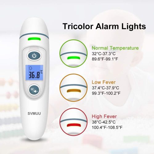  SVMUU Fieberthermometer Stirnthermometer Ohrthermometer Digitales Infrarot Thermometer fuer Babys Erwachsene und Objekte 4 in1 Multifunktion Tricolor Alarm