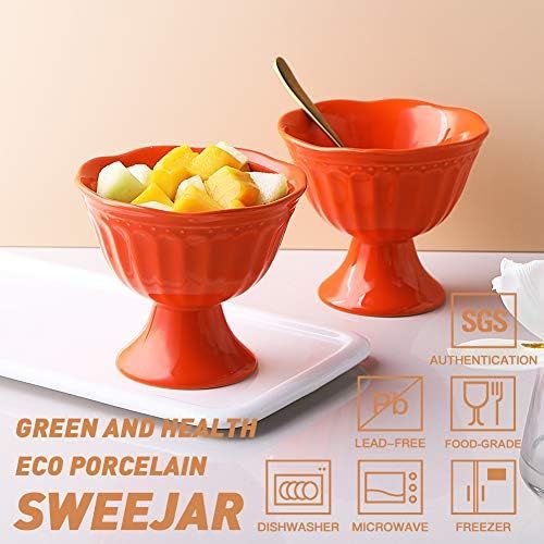  [아마존베스트]SWEEJAR Ceramic Ice Cream Bowls, Tulip Sundae Cups, 10 Ounce Dessert Bowls for Sundaes, Milkshakes, Parfaits, Set of 2,(Orange)