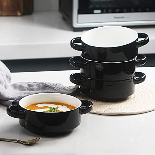  [아마존베스트]SWEEJAR Ceramic Soup Bowl with Double Handles, 20 Oz Stacked Bowls for French Onion Soup, Cereal, Stew, Chill, Pasta, Set of 4 (Black)