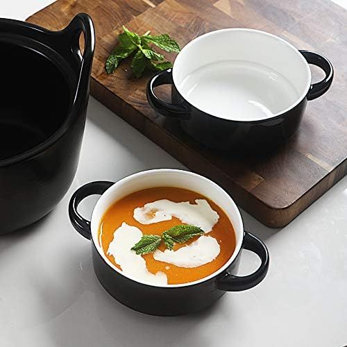 [아마존베스트]SWEEJAR Ceramic Soup Bowl with Double Handles, 20 Oz Stacked Bowls for French Onion Soup, Cereal, Stew, Chill, Pasta, Set of 4 (Black)