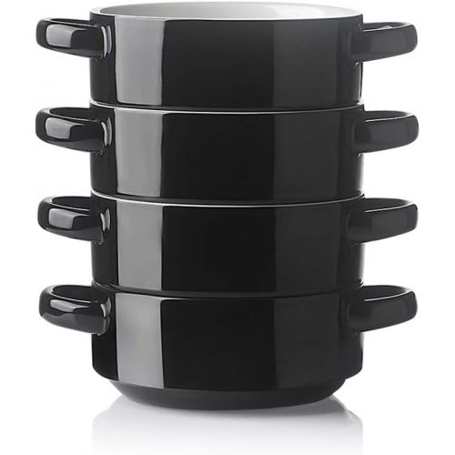  [아마존베스트]SWEEJAR Ceramic Soup Bowl with Double Handles, 20 Oz Stacked Bowls for French Onion Soup, Cereal, Stew, Chill, Pasta, Set of 4 (Black)