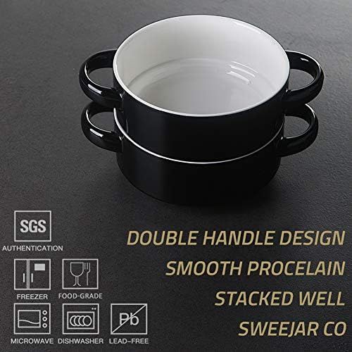  [아마존베스트]SWEEJAR Ceramic Soup Bowl with Double Handles, 20 Oz Stacked Bowls for French Onion Soup, Cereal, Stew, Chill, Pasta, Set of 4 (Black)