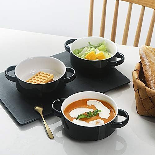  [아마존베스트]SWEEJAR Ceramic Soup Bowl with Double Handles, 20 Oz Stacked Bowls for French Onion Soup, Cereal, Stew, Chill, Pasta, Set of 4 (Black)