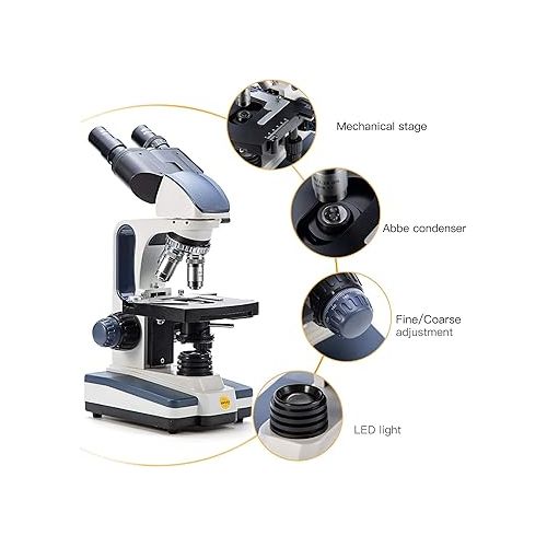  Swift Binocular Compound Microscope SW350B, 40X-2500X Magnification,Siedentopf Head,Research-Grade,Two-Layer Mechanical Stage,1.3mp Camera and Software Windows and Mac Compatible