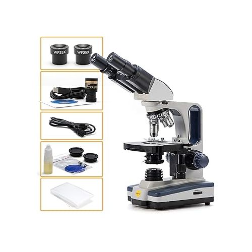  Swift Binocular Compound Microscope SW350B, 40X-2500X Magnification,Siedentopf Head,Research-Grade,Two-Layer Mechanical Stage,1.3mp Camera and Software Windows and Mac Compatible