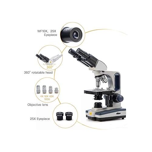  Swift Binocular Compound Microscope SW350B, 40X-2500X Magnification,Siedentopf Head,Research-Grade,Two-Layer Mechanical Stage,1.3mp Camera and Software Windows and Mac Compatible