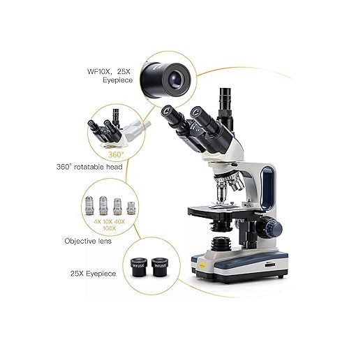  SWIFT Trinocular Compound Microscope SW350T,40X-2500X Magnification,Siedentopf Head,Research-Grade,Two-Layer Mechanical Stage,1.3mp Camera and Software Windows and Mac Compatible