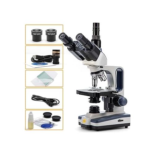  SWIFT Trinocular Compound Microscope SW350T,40X-2500X Magnification,Siedentopf Head,Research-Grade,Two-Layer Mechanical Stage,1.3mp Camera and Software Windows and Mac Compatible