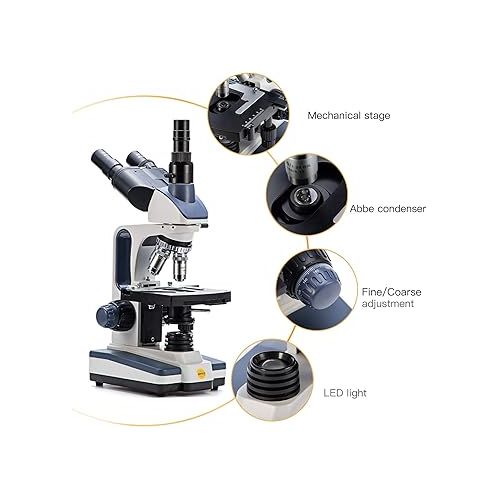  SWIFT Trinocular Compound Microscope SW350T,40X-2500X Magnification,Siedentopf Head,Research-Grade,Two-Layer Mechanical Stage,1.3mp Camera and Software Windows and Mac Compatible