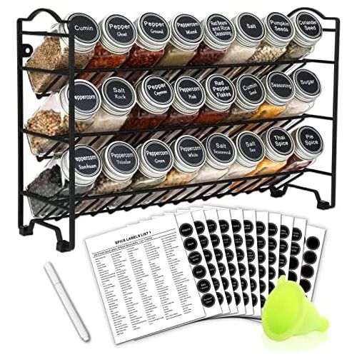  SWOMMOLY Spice Rack Organizer with 24 Empty Square Spice Jars, 396 Spice Labels with Chalk Marker and Funnel Complete Set, for Countertop, Cabinet or Wall Mount