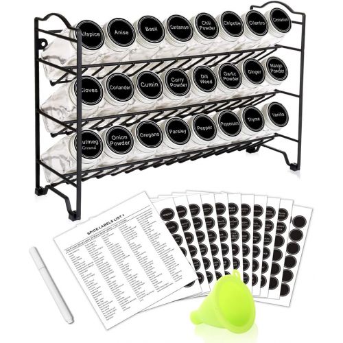  SWOMMOLY Spice Rack Organizer with 24 Empty Square Spice Jars, 396 Spice Labels with Chalk Marker and Funnel Complete Set, for Countertop, Cabinet or Wall Mount