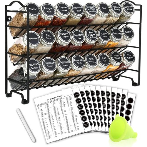  SWOMMOLY Spice Rack Organizer with 24 Empty Square Spice Jars, 396 Spice Labels with Chalk Marker and Funnel Complete Set, for Countertop, Cabinet or Wall Mount