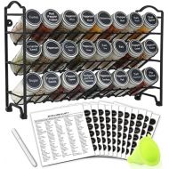 SWOMMOLY Spice Rack Organizer with 24 Empty Round Spice Jars, 396 Spice Labels with Chalk Marker and Funnel Complete Set, for Countertop, Cabinet or Wall Mount